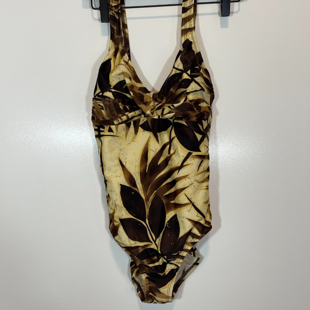 Speedo One Piece Tan Brown Tropical Foliage Size 10